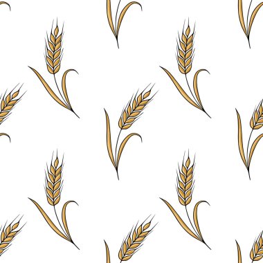 Hassas sapları ve yaprakları ile altın buğday kulakları kusursuz vektör deseni, beyaz arka planda temiz, illüstrasyon tarzı.