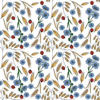Zarif mavi keten çiçekleri, altın buğday kulakları ve temiz beyaz arka planda büyüleyici uğur böcekleri içeren kusursuz vektör deseni, sakin bir yaz hasatı hissi uyandırıyor..