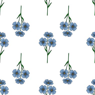 Yeşil saplı narin mavi keten çiçeklerin pürüzsüz vektör deseni temiz beyaz arkaplana karşıdır.