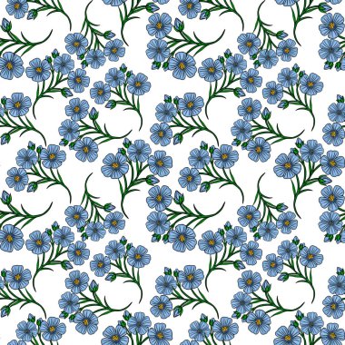 Yeşil saplı ve tomurcuklu narin mavi keten çiçeklerin kusursuz vektör deseni, dingin ve doğal bir estetiği çağrıştırıyor..