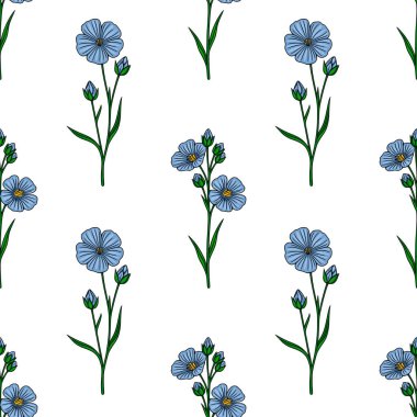 Yeşil saplı ve tomurcuklu narin mavi keten çiçeklerin kusursuz vektör deseni, beyaz bir arka planda temiz ve açıklayıcı bir şekilde yapılmıştır..