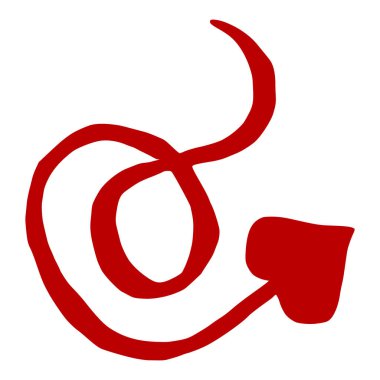 Kalın kırmızı soyut bir vektör şekli, biçimlendirilmiş bir şeytanın kuyruğunu ya da tabanında keskin bir ok başlığıyla dinamik, dönen bir kurdeleyi andırıyor, temiz beyaz bir arkaplanda izole edilmiş..