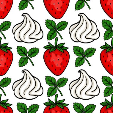 Taze yeşil yapraklarla vurgulanmış parlak kırmızı çilekler ve beyaz krema kıvrımları içeren kusursuz vektör deseni mutfak ve dekoratif arka planlar için idealdir..