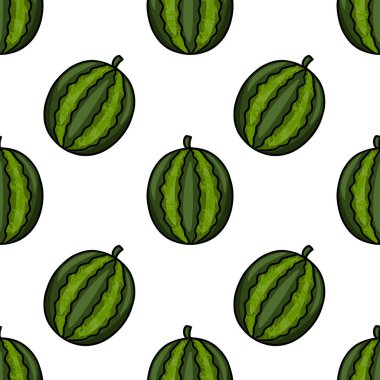 Sivri yeşil çizgili biçimlendirilmiş karpuzlar ve temiz beyaz bir arkaplana karşı tekrar eden çapraz bir şebekeye sahip desenli hamur etkisi içeren kusursuz bir vektör deseni..