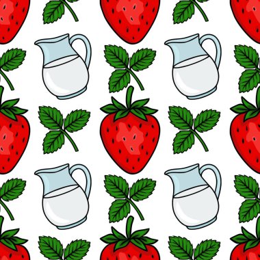 Beyaz arka planda yeşil yapraklı parlak kırmızı çilekler ve sürahiler içeren kusursuz vektör deseni taze ve neşeli bir yaz temasını çağrıştırıyor..