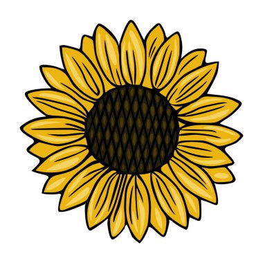Kalın siyah çizgileri ve parlak sarı taç yaprakları olan tek bir ayçiçeğinin şekillendirilmiş vektör çizimi, elmas desenli detaylı bir koyu renk merkezi içeriyor..