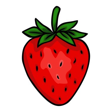 Yeşil yaprakları ve siyah tohumları olan şık, kırmızı bir çilek, beyaz arka planda temiz bir vektör çizimi olarak sunulur, taze yemek ve yaz temaları için mükemmeldir..