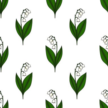 Beyaz arkaplan üzerinde canlı yeşil yaprakları olan, vadideki çiçeklerin kusursuz beyaz zambak desenleri büyüleyici, gösterişli bir stile sahip..