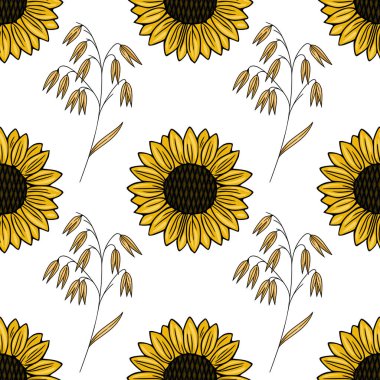 Parlak sarı ayçiçekleri ve temiz beyaz arka planda narin yulaf saplarını içeren kusursuz vektör deseni, yaz mevsimi, doğal bir temayı çağrıştırıyor..