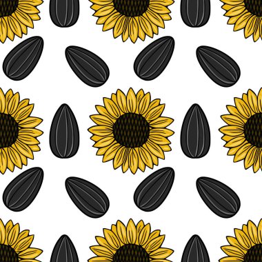 Parlak sarı ayçiçekleri ve koyu ayçiçeği tohumlarının kusursuz vektör deseni beyaz arka plana saçılmış, neşeli ve doğal bir temayı çağrıştırıyor..