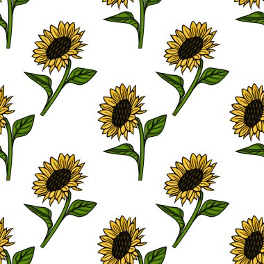 Parlak sarı taç yaprakları ve koyu kahverengi merkezli el yapımı ayçiçekleri içeren pürüzsüz vektör deseni, yeşil saplı ve yapraklı temiz beyaz bir arkaplan üzerine kuruludur..