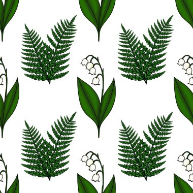 Kusursuz vektör şablonu vadideki çiçeklerin narin beyaz zambaklarını ve temiz beyaz arka planda yemyeşil eğreltiotu yapraklarını içerir..