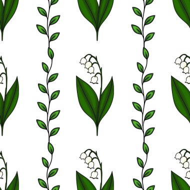 Vadi çiçeklerinin narin zambakları ve yapraklı sade yeşil sapları içeren kusursuz bir vektör deseni var..