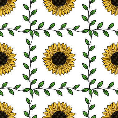 Parlak sarı ayçiçekleri ve narin yeşil yaprakları içeren büyüleyici, pürüzsüz bir vektör deseni neşeli ve organik bir arkaplan oluşturuyor..