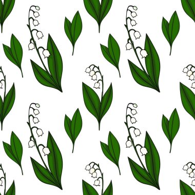 Vadi çiçeklerinin narin beyaz zambakları ve yemyeşil yaprakların pürüzsüz vektör deseni..