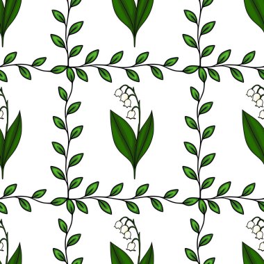 Vadi çiçeklerinin narin zambaklarını içeren kusursuz vektör deseni ve temiz beyaz arka plana karşı yeşil yaprakları takip ederek taze ve doğal bir ilkbahar estetiğini çağrıştırıyor..