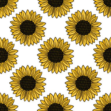 Canlı, pürüzsüz, neşeli ayçiçeği deseni. Detaylı sarı yapraklar ve temiz beyaz arka planda koyu dokulu merkezler..