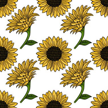 Canlı sarı ayçiçekleri, detaylı taç yaprakları ve yeşil gövdelerle dolu neşeli bir vektör deseni, temiz beyaz bir arka plana karşı, yaz ve doğa duygusunu çağrıştırıyor..