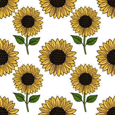 Yeşil yapraklı, parlak sarı ayçiçeklerinin kusursuz vektör deseni, temiz beyaz arka planda neşeli ve organik bir yaz temasını çağrıştırıyor..
