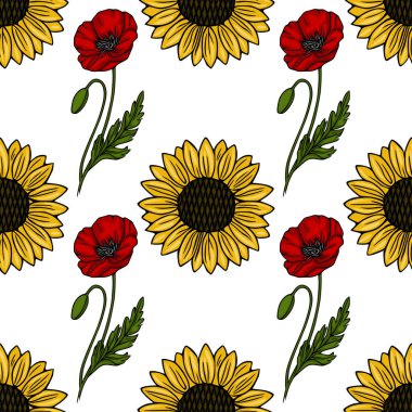 Parlak kırmızı gelincikler ve yeşil saplı neşeli sarı ayçiçekleri ve temiz beyaz arka planda yaprakları içeren kusursuz vektör deseni.