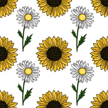 Canlı ayçiçeklerinin kusursuz vektör deseni ve yeşil saplı narin papatyalar ve temiz beyaz arka planda yapraklar neşeli bir yaz bahçesi estetiğini çağrıştırıyor..