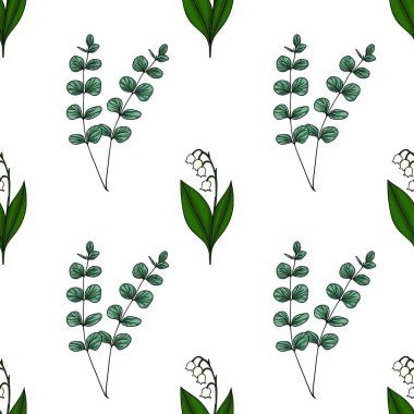 Vadinin narin zambakları ve beyaz bir arka planda okaliptüs dalları içeren kusursuz vektör deseni..