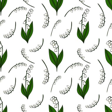 Vadi çiçeklerinin narin zambaklarının kusursuz vektör deseni ve beyaz arka planda yeşil yapraklar baharın narin çiçeklerini yakalıyor..