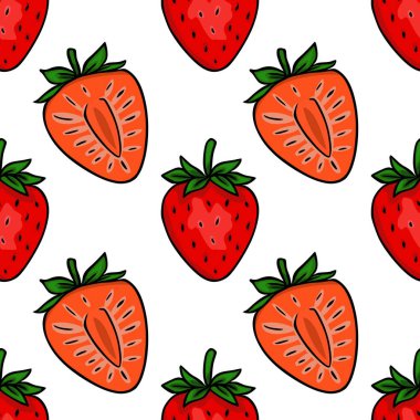 Canlı kırmızı çileklerden oluşan kusursuz tekrarlayan vektör deseni, hem bütün hem de dilimlenmiş, yeşil yapraklı, temiz beyaz bir arka plana ayarlanmış, taze ve meyvemsi bir estetiği çağrıştırıyor..