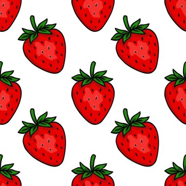 Yeşil yapraklı ve siyah tohumlu canlı kırmızı çileklerin kusursuz vektör deseni, temiz beyaz arka planda, koyu, resimsel bir tarzda yapılmış..