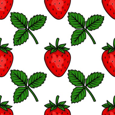 Temiz beyaz arka planda yeşil yapraklı canlı kırmızı çilekler içeren kusursuz vektör deseni, yemek temalı tasarımlar için ideal..