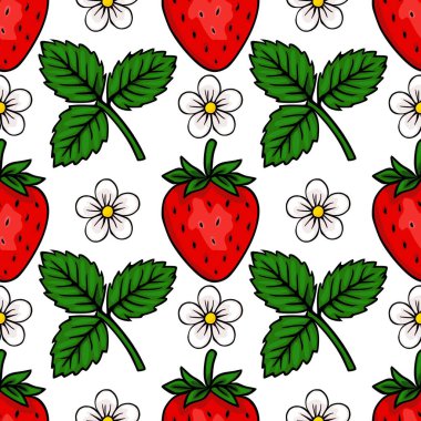 Yeşil yapraklı canlı kırmızı çilekler ve temiz beyaz arka planda narin beyaz çiçekler içeren kusursuz vektör deseni aşçılık ya da bahçe temaları için mükemmel..