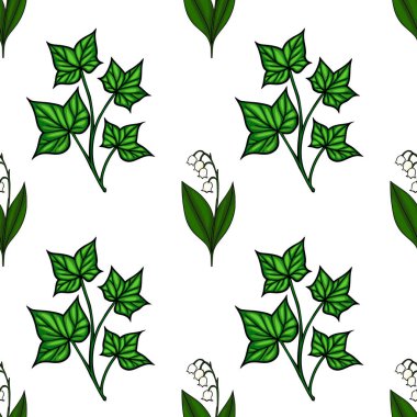 Kusursuz yeşil sarmaşık yaprakları ve beyaz çiçekli vadi çiçekleri içeren kusursuz vektör deseni, bahar ve doğa temalı tasarımlar için mükemmel..