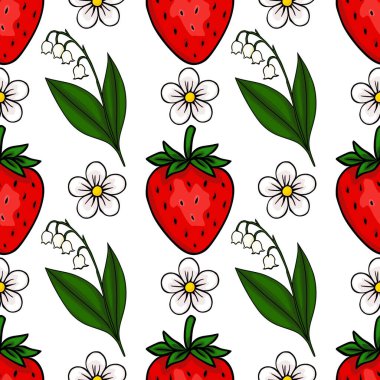 Pürüzsüz vektör deseninde canlı kırmızı çilekler ve temiz beyaz arka planda yeşil yaprakları olan vadi çiçeklerinin narin beyaz zambakları var..
