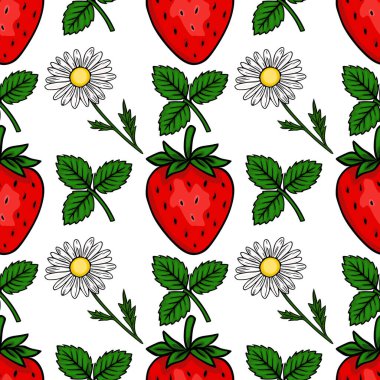 Olgun çilekler ve yeşil yapraklı narin papatyalarla bembeyaz bir arkaplan oluşturan büyüleyici bir vektör deseni..