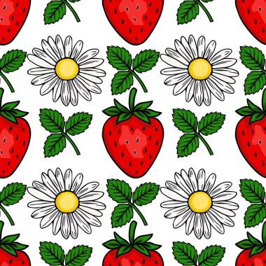 Kusursuz kırmızı çilek deseni ve temiz beyaz arka planda yeşil yapraklı narin beyaz papatyalar..