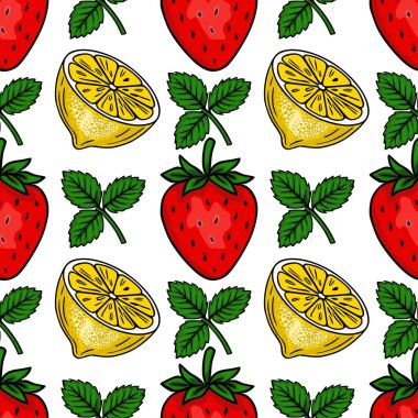 Canlı kırmızı çilekleri ve yeşil yapraklı parlak sarı limon dilimlerini içeren kusursuz vektör deseni taze ve yazlık hissi uyandırıyor..