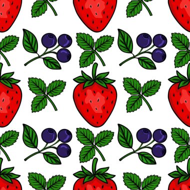 Canlı kırmızı çilekler ve açık beyaz arka planda yemyeşil yapraklı koyu mavi yaban mersinleri içeren kusursuz vektör deseni mutfak ve dekoratif uygulamalar için mükemmel..