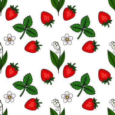 Canlı kırmızı çilekler, narin beyaz çiçekler ve yemyeşil yaprakların ortasında yetişen zarif zambaklar içeren kusursuz vektör deseni..