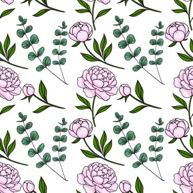 Hassas pembe şakayık ve okaliptüs dalı vektörsüz desenli ince gölgelemeli ve temiz hatlı..
