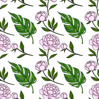 Zarif pembe şakayıklar ve parlak yeşil canavar yaprakları içeren kusursuz bir vektör deseni..