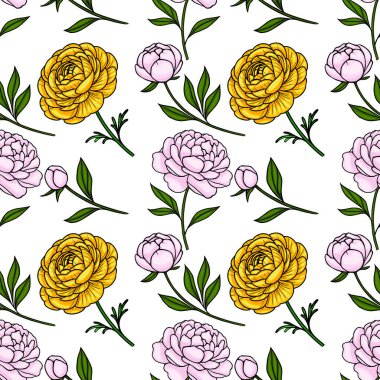 Parlak sarı ranunculus ve beyaz arka planda yeşil yapraklı pembe şakayıklardan oluşan kusursuz vektör deseni..