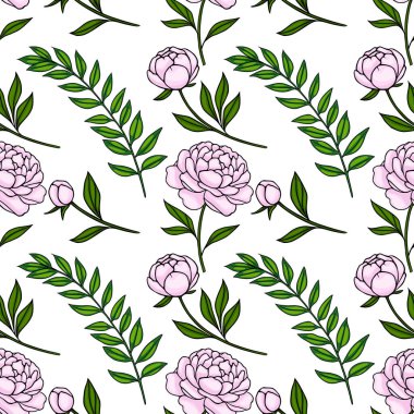 Hassas pembe şakayık çiçeği ve yeşil yaprak beyaz arkaplanda kusursuz vektör deseni.