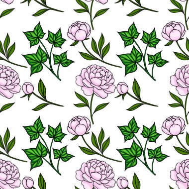 Narin pembe şakayık çiçekleri ve parlak yeşil sarmaşık yaprakları pürüzsüz vektör deseninde..