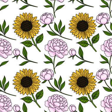 Kusursuz vektör deseni, neşeli ayçiçekleri ve beyaz arka planda yeşil yapraklı pembe şakayıklar içerir..