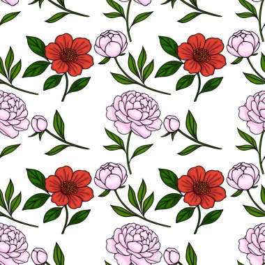 Kusursuz pembe şakayık deseni ve beyaz arka planda yeşil yapraklı canlı kırmızı çiçekler..