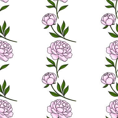 Hassas pembe şakayık çiçekleri ve yeşil yapraklar çiçek tasarımı ve tekstil için uygun beyaz arka planda kusursuz bir şekilde tekrarlanan vektör deseni..