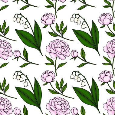 Kusursuz pembe şakayık desenleri ve beyaz arka planda yemyeşil yaprakları olan çiçek açan vadi çiçekleri..