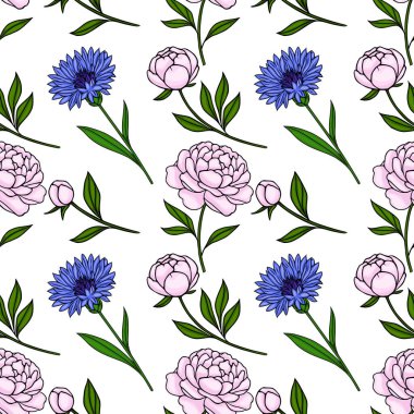 Kusursuz pembe şakayık deseni ve beyaz arka planda yeşil yapraklı canlı mavi çiçek deseni..