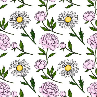 Beyaz arka planda yeşil yapraklı pembe şakayıklar ve beyaz papatyalar içeren kusursuz bir vektör deseni var..
