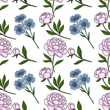 Hassas pembe şakayıklar ve beyaz arka planda yeşil yapraklı küçük mavi çiçekleri içeren kusursuz vektör deseni büyüleyici bir bahar estetiğini çağrıştırıyor..